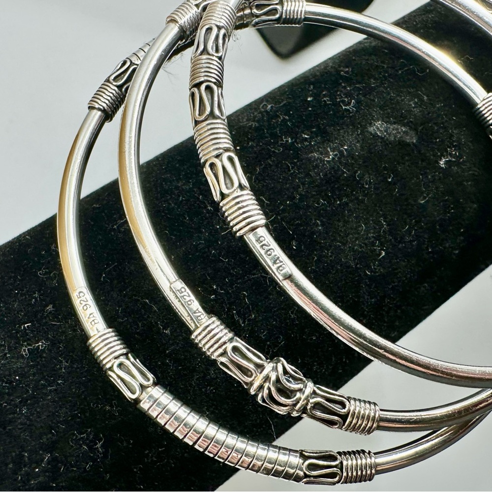 BA SUARTI Bali Sterling Silver Filigree 3 Bangle Bracelets & Hoop Earrings Set - Picture 3 of 16